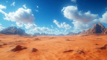 Fototapeta premium Awe-Inspiring Desert Landscape Under a Cloud-Filled Sky. A Breathtaking Panorama of Rocky Mountains and Sandy Plains. A Stunning Visual of a Sunny Day in the Desert.