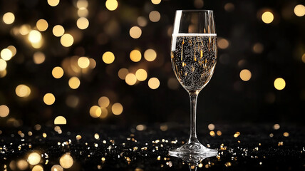 The background features gentle bokeh lights and a sparkling wine glass on a reflecting black surface.