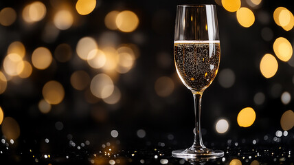 A sparkling wine glass on a reflective black surface, with soft bokeh lights in the background