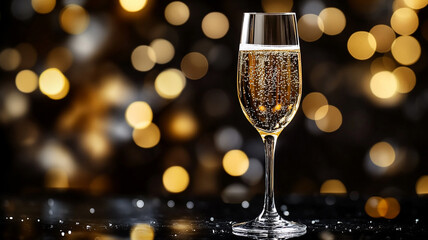 With gentle bokeh lighting in the background, a sparkling wine glass sits on a reflecting black surface.