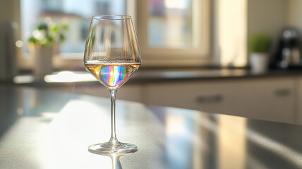 A sparkling wine glass on a sleek kitchen counter, with sunlight creating rainbow reflections