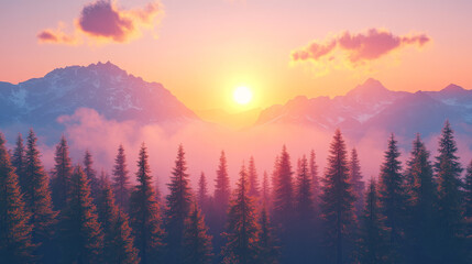 Obraz premium serene sunset over misty mountain forest landscape