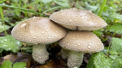 Mushrooms with water droplets on their caps, growing in a moist forest environment, with morning mist lingering in the air