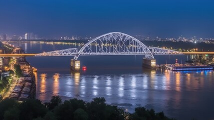 Fototapeta premium A beautifully illuminated bridge spans a river at night, reflecting city lights.