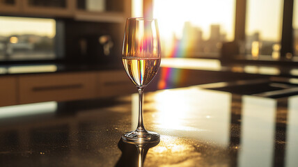 A glistening wine glass on a modern kitchen countertop, with rainbow reflections from the sun