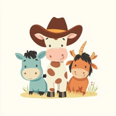 Fototapeta premium Adorable Farm Animals Cow Donkey Calf Illustration