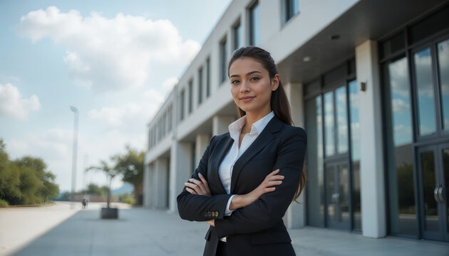 Outdoor portrait of young businesswoman standing office building. Successful smiling indian or arabic woman in casual business suit looking at camera outdoors.