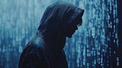 A figure in a hoodie stands in shadow, cloaked in anonymity, set against a backdrop of cascading binary code in blue and black tones