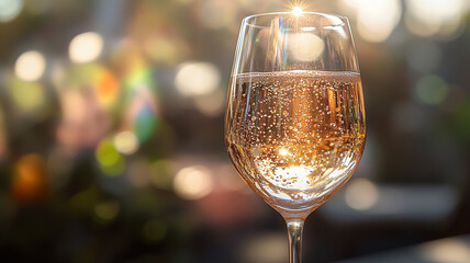 A prismatic effect created by sunlight reflecting off a sparkling wine glass