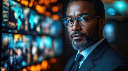 A Black man in formal attire leads a virtual meeting with diverse participants from various regions, showcasing global teamwork and collaboration