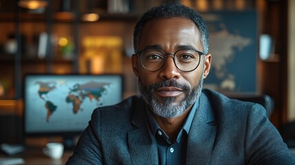 A Black man in a business suit leads a virtual meeting with diverse team members from around the world