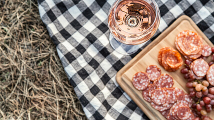 An illustration of a charcuterie board next to a glass of rosé wine on a checkered picnic blanket from above 