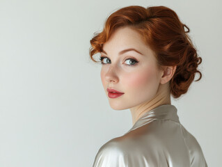 Elegant woman in satin pajamas with red hair and soft makeup