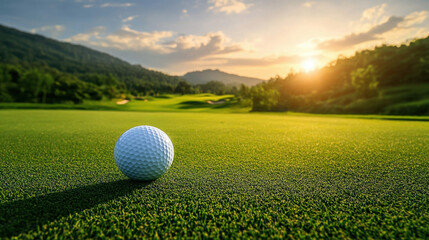 The golf ball is on a green lawn in a beautiful golf course with morning sunshine.