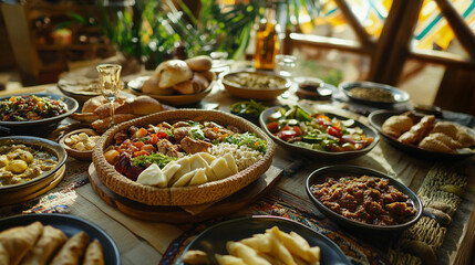 Fototapeta premium A vibrant table bursting with various dishes of various foods, Numerous delicious snacks are surrounding on the table, Warm festive table setting with variety of dishes and foods.