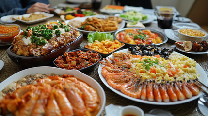 Obraz premium A vibrant table bursting with various dishes of various foods, Numerous delicious snacks are surrounding on the table, Warm festive table setting with variety of dishes and foods.