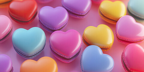Colorful multiple heart-shaped macarons background, a delightful assortment of pastel-colored heart-shaped macarons arranged in a playful pattern