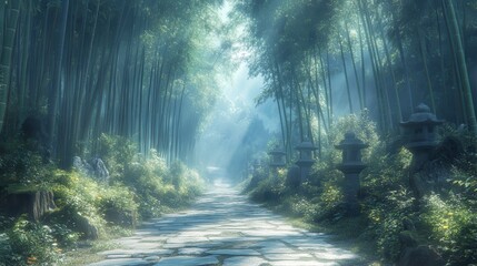 Fototapeta premium Misty Bamboo Forest Pathway: A Serene Asian Landscape