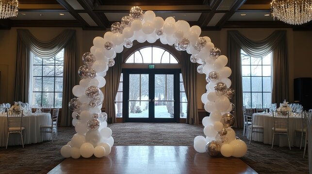 Elegant Balloon Arch in Exquisite Event Space with Table Setup