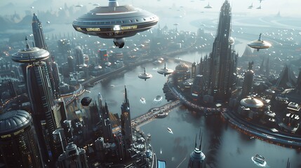 A sprawling futuristic cityscape featuring flying saucers and a river, with advanced architecture and flying vehicles