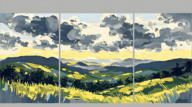 Serene landscape with rolling hills and dramatic clouds