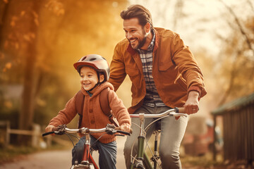 joy of family time, with the father teaching his son the basics of cycling while ensuring safety with helmets.
