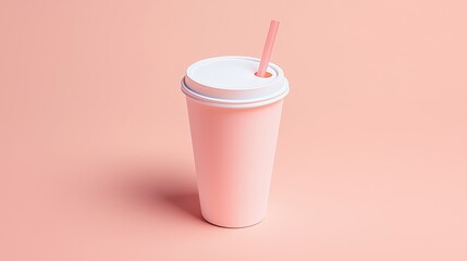 A minimalist pink cup with a lid and a straw, set against a matching pink background.