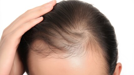 Fototapeta premium Person examining thinning hair in mirror, reflecting on aging and self-care. Embracing natural changes and prioritizing health and well-being.