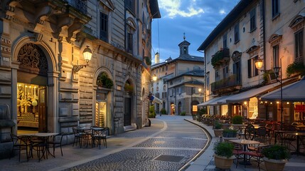 Obraz premium Bergamo old square in the evening that promotes nature, beauty, and ecology