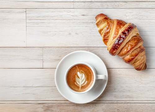Vue du dessus, une tasse de caf&eacute; et un croissant pos&eacute;s sur une table en bois,  typiquement fran&ccedil;ais, d&eacute;licieux ! 