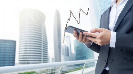 A business professional checks market trends on a smartphone in a modern urban setting.