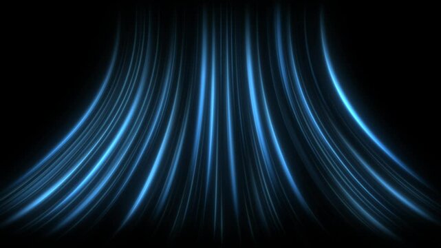 Cold air flow from conditioner effect. air light effect with blue rays. Freezing wind waves air blowing effect. Abstract directional optical fiber neon lines on black Background. Air cooling process
