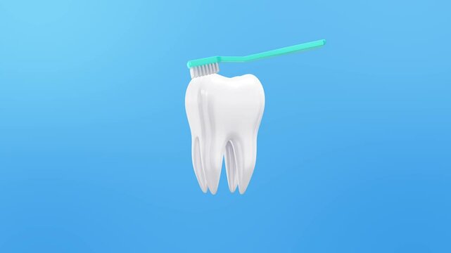 3d tooth animation. Animated brushing 3d render tooth. Dental hygiene. Decay prevention. Everyday routine. Seamless loop video on blue background. Tooth and toothbrush, 3D render tooth