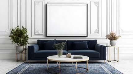 Elegant living room with modern blue sofa decor