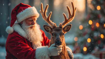 Santa Claus in a red suit with a white beard petting a reindeer with branching antlers against the background of Christmas lights
