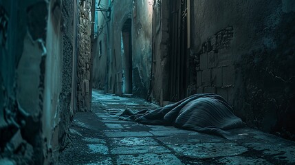A deserted, dimly lit alleyway with a single, old blanket crumpled on the ground.