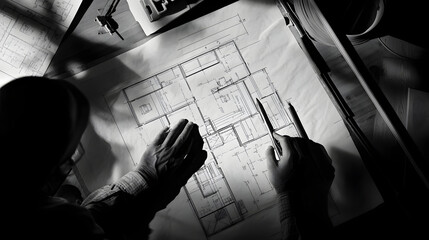 Drywall Installer Analyzing Blueprints at Job Site with Professional Tools and Project Management Skills for Effective Installation
