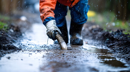 An Outdoor Plumber Addressing Essential Repairs on a Main Water Line with Emphasis on Safety and Technique