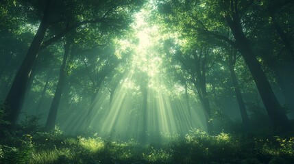 Obraz premium Sunlight Piercing a Misty Forest: A Serene and Majestic Nature Scene