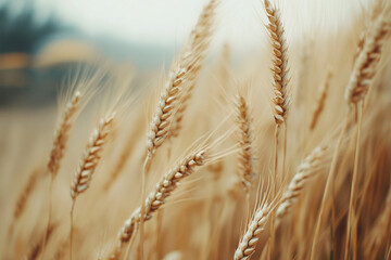 Obraz premium Wheat harvesting on field in summer season. modern harvesters with grain header, wide chaff spreader cut and threshes ripe wheat grain . Process of gathering crop by agricultural machinery