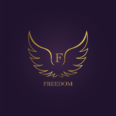 Elegant minimalist golden wings logo with serif letter F and FREEDOM text on dark purple background 