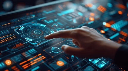 Hand interacting with futuristic digital interface showing advanced hud and cyber technology controls
