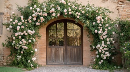 Beautiful Vintage Wooden Door Framed by Blooming Pink Roses