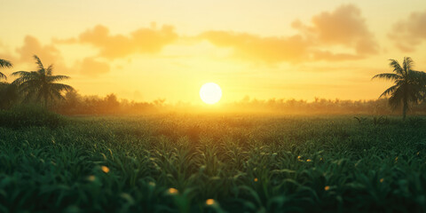 Golden sunrise over a lush green field background, warm sunlight casting a golden glow across the...