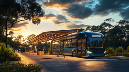 Electric buses charging at a solar-powered station in an urban setting.