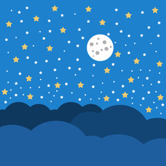 Midnight Cloud with Moon and Stars Sky Illustration Background