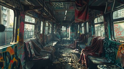 A desolate, graffiti-covered train car with tattered blankets hanging from the windows.