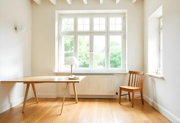 Fototapeta premium A bright and minimalist interior with a large window, hardwood floors , and a simple wooden table and chair