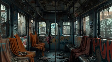 A desolate, graffiti-covered train car with tattered blankets hanging from the windows.