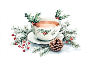 cup of coffee with christmas decorations on white